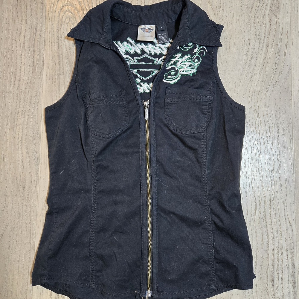 HARLEY DAVIDSON Biker Corset Vest Small Black Embroidered Lace Up‎ + Zip Vtg Y2K